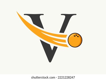 Letter V Bowling Logo. Bowling Ball Symbol With Moving Ball Vector Template