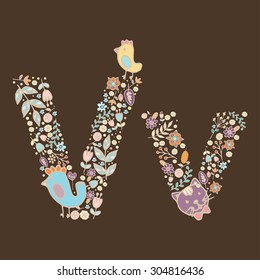 The letter V. Bright floral element of colorful alphabet Cute Animal, flowers, and twigs. floral ABC element in vector
