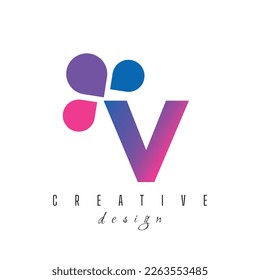 Letter V and bubble Dots Logo with Purple Pink Bubbles Vector Illustration