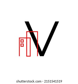 letter V with building decoration vector logo design element