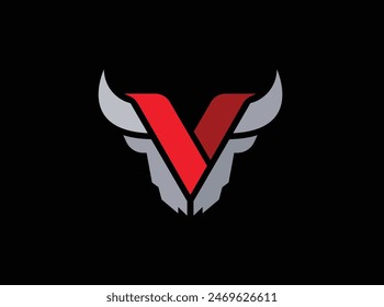 Letter V with Bull Head Vector Icon Logo Template