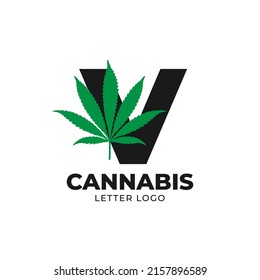 letter V with cannabis leaf vector logo design element