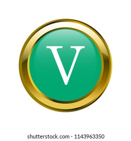 letter V capital letter classic in golden brooch with emerald blue color, editable vector