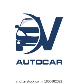 Letter V with car vector logo template.  Fonts for event, promo, logo, banner, monogram and poster. Alphabet label symbol for branding and identity.