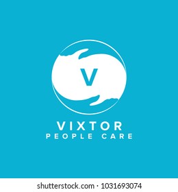 Letter V care icon.Hand help care logo template