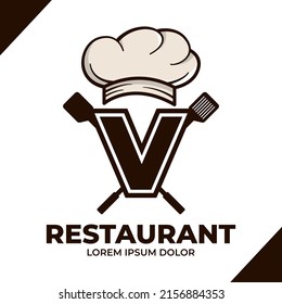 Letter V Chef hat logo design illustration, Restaurant cafe logo icon isolated on white background