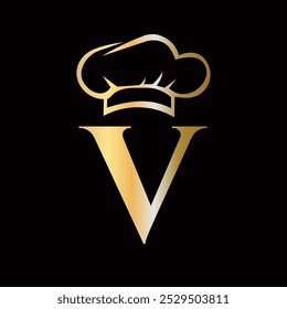 Letter V Chef Logo Concept For Restaurant Sigh Vector Template