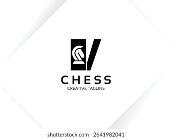 Letter V chess logo design template. Monogram knight logo