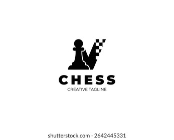 Letter V chess logo design with pawn and chess board