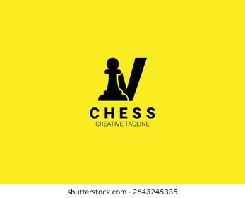 Letter V chess logo with pawn. Chess sport monogram logo template