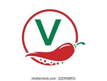 Letter V with Chili logo design. Chili logo with Letter concept vector icon logo design template.