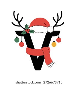 Carta V Natal inicial, bonitinho Santa cap, envoltório de cachecol, chifres, neve confete, vetor feriado alegre