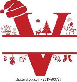 Letter V, V Christmas Monogram, Letter V Silhouette with Christmas symbols, Christmas logo, Christmas Design for Print, Screen Print T-Shirt