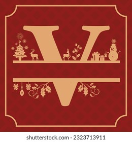 Letter V, V Christmas Monogram, Letter V Silhouette with Christmas symbols, Christmas logo, Christmas Design for Print, Screen Print T-Shirt
