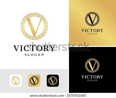 Letter V with Circle Greek Frame Border Emblem Label Gold Luxury Vector Logo Design Illustration