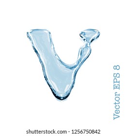 Letter v from clear transparent bluish water droplets. Isolated on white background. Vector EPS 8.