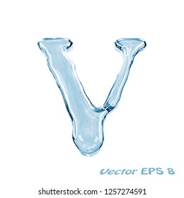 Carta V de gotas transparentes de agua azul. Aislado sobre fondo blanco. EPS vectorial 8.