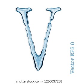 Letter V from clear transparent bluish water droplets. Vector EPS 8.