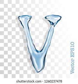 Letra v de gotículas transparentes de água azulada. Vetor EPS 10
