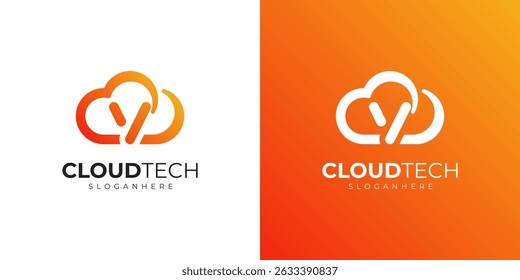 Letra V diseño de logotipo de la nube con moderno gradiente naranja, tecnología y símbolo de concepto digital