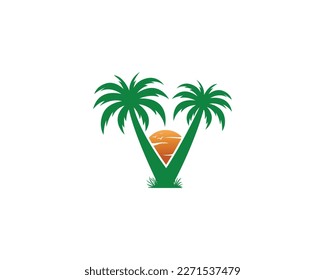 Letter V with coconut and palm tree  logo design. Sun, summer and beach tree unique vector illustration.