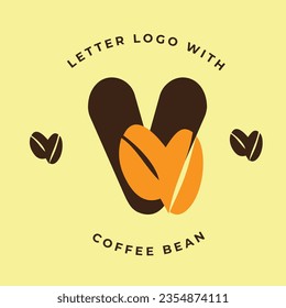 Letter V with coffee bean. Brown and orange color. Coffee Bean Icon for Cafe, Coffee Shop, Bean Company Logo Idea Template