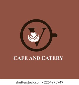 Letter V with Coffee Flower Art and Cup for Cafe, Coffee Shop, Coffee Bean Company Logo Idea Template