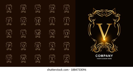Letra V o colección alfabeto inicial con plantillas de logotipo dorado adornadas con marcos florales de lujo.
