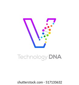 Letter V colorful with abstract biotechnology dna logotype. Medicine, science, laboratory,Technology DNA vector concept