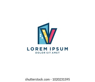 Letter V With Colorful Building For Construction Company Logo