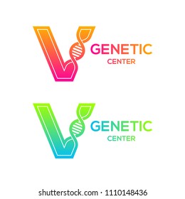 Letter V colorful with DNA structure and genetic biotechnology, Science and laboratory concept logotype