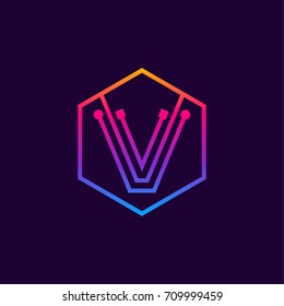 Letter V colorful, Dots logo, linear hexagon shape, Digital and Technology logotype for your Corporate identity