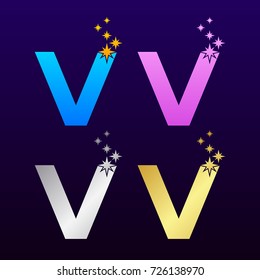 Letter V Colorful and Gold Silver with Sparkles light Eight point stars logotype, Beautiful Luxury, Fashion, Jewelry, Beauty Salon, Cosmetics, Spa, Resort, Magic Logo for your Corporate identity