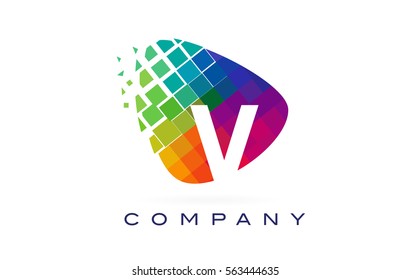 Letter V Colorful Logo. Rainbow V Letter Icon with Shattered Blocks.