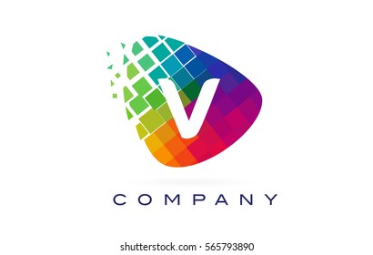 Letter V Colorful Logo. Rainbow V Letter Icon with Shattered Blocks.