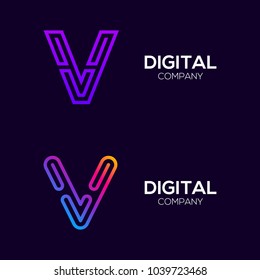 Letter V Colorful logotype with Three Line, Square and Circle shape Maze Labyrinth, Technology and Digital Connection Link concept for your Corporate identity