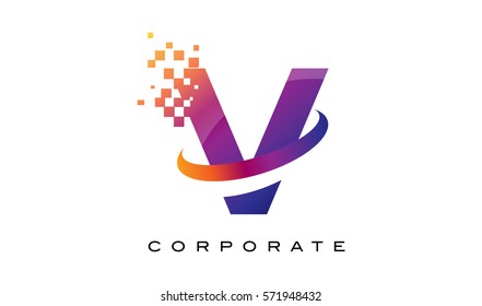Letter V Colourful Logo. Rainbow V Letter Icon with Shattered Blocks.