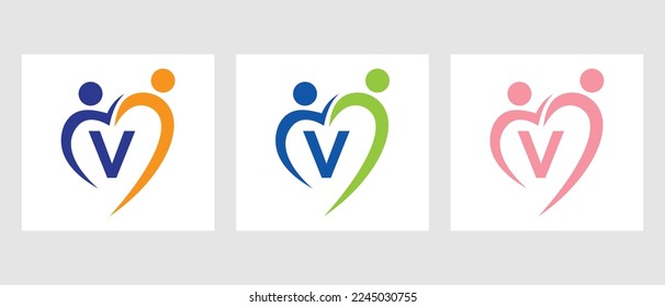 Letter V Community Logo Template. Teamwork, Heart, People, Family Care, Love Logo. Charity Donation Foundation Sign