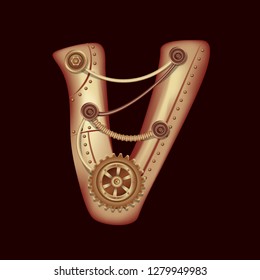 Letter V from the complete set of characters of the font. Symbol of the Latin alphabet and English language. Copper and brass fantasy mechanical steampunk construction with tubes, gears and rivets.