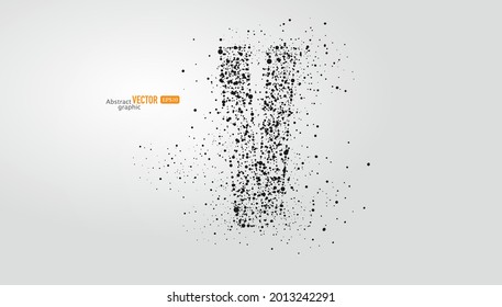 The letter V is composed of particles on gray background. Abstract vector font material.