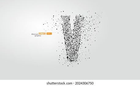 La letra v está compuesta de partículas en fondo gris. Resumen del material de fuente vectorial.