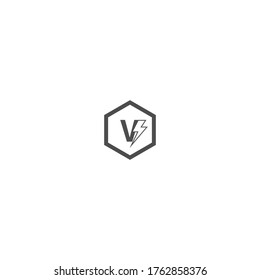 Diseño de logotipo de concepto de letra V, combinación con icono de rayo, en color negro
