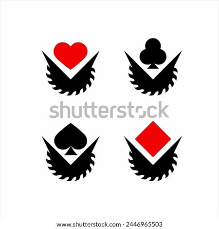 Letter V concept saw blade logo design with red and black poker card symbols.