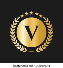 Letter V Concept Seal, Gold Laurel Wreath and Ribbon. Luxury Gold Heraldic Crest Logo Element