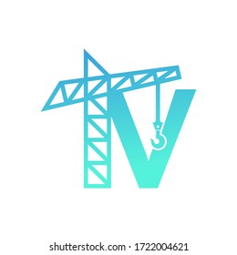 Letter V Crane Building Construction Logo Design Vector.