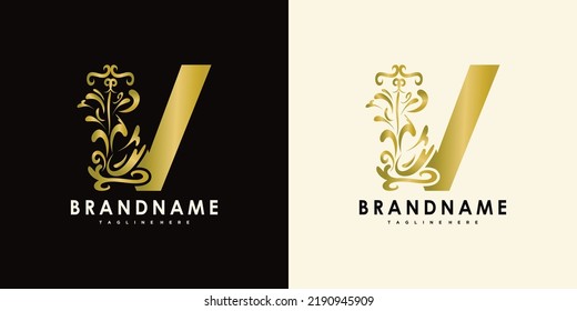 letter v with creative icon flowers gold