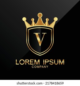 Letter V crest logo Alphabet logotype shield crown gold vector design