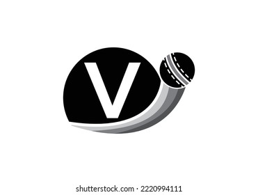 Letter V Cricket Logo Concept With Moving Cricket Ball Icon. Cricket Sports Logotype Symbol Vector Template Design.