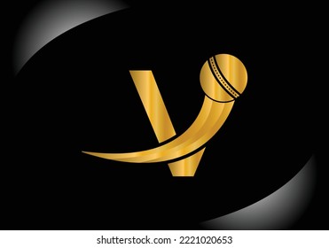 El Concepto Del Logo Del Cricket V Con El Icono De La Pelota De Cricket. Diseño de plantilla vectorial de tipo de logotipo para deportes de cricket.