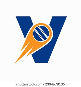 Concepto De Logo De Cricket V Con Icono De Pelota Trasladada Para Símbolo De Club De Cricket. Signo de criquet